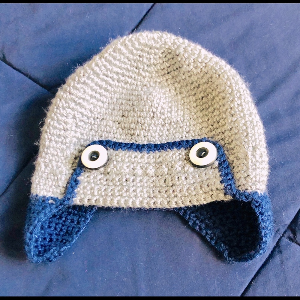 Aviator style crochet beanie for boy.